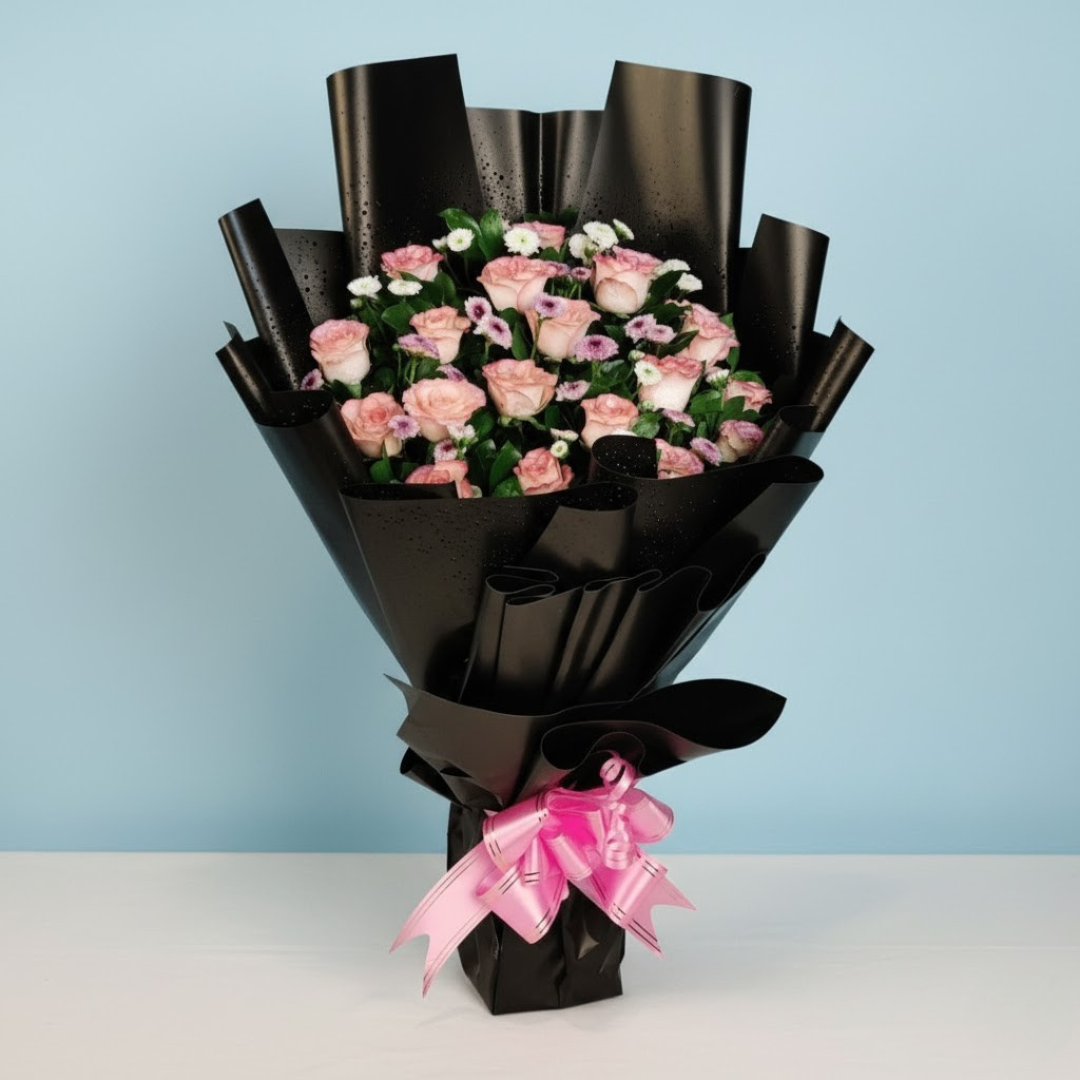 Pink Roses & Chrysanthemum Bouquet in Black Wrap