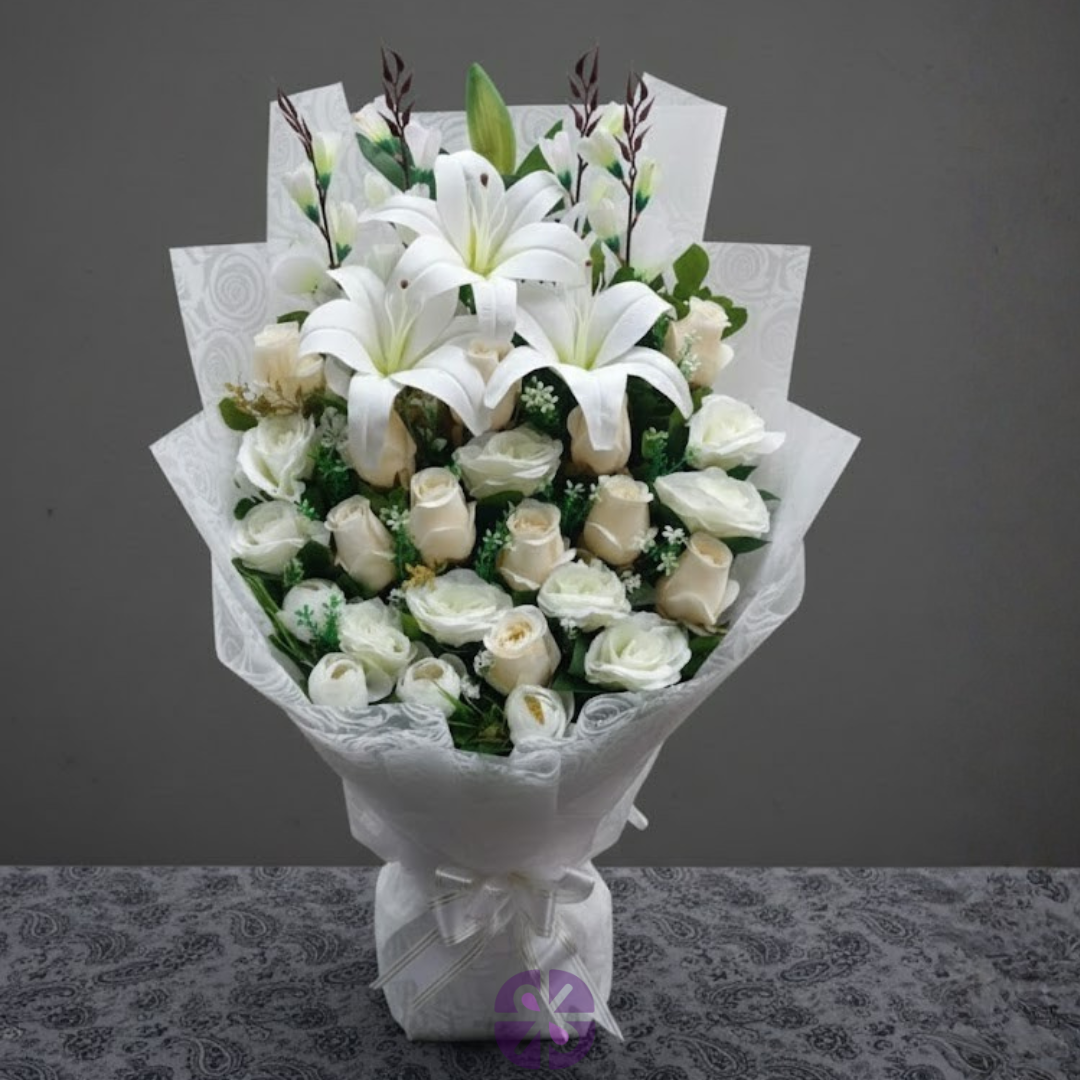 Gentle Affection Artificial White Lily and White Rose Stand Bouquet