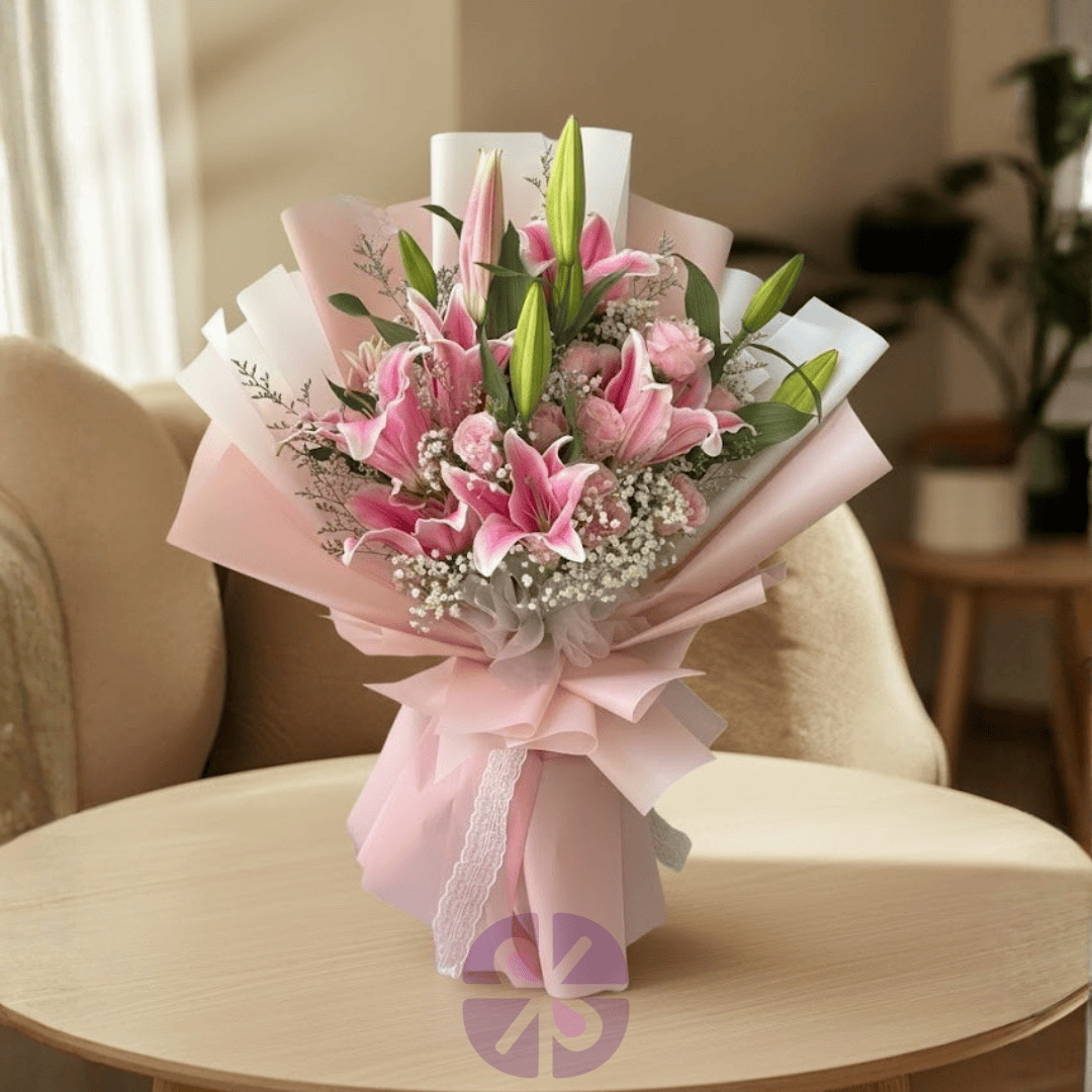 Elegant Pink Star Lily, Rose & Gypsy Flower Bouquet