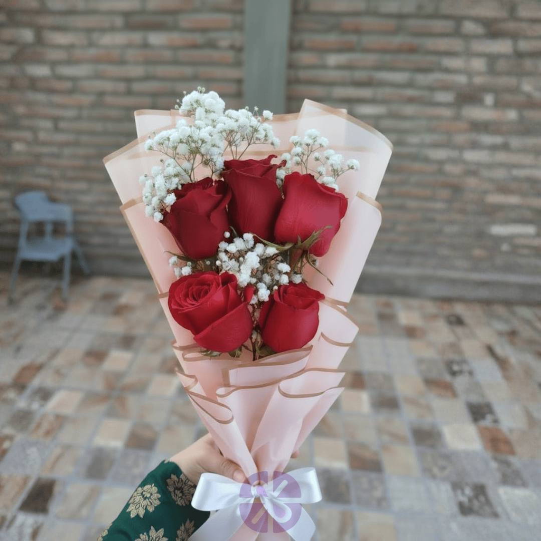 Five Chinese Red Rose Mini Bouquet in Baby Pink Wrap