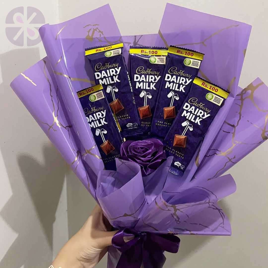 The Royal Indulgence 5-Bar Dairy Milk Bouquet with Purple Rose Accent