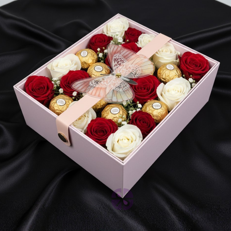 Red and White Rose with Ferrero Rocher in Luxury Pink Butterfly Box