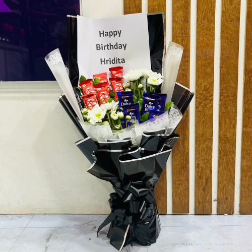 Black Wrapped Birthday Bouquet with KitKat, Dairy Milk & White Chrysanthemums