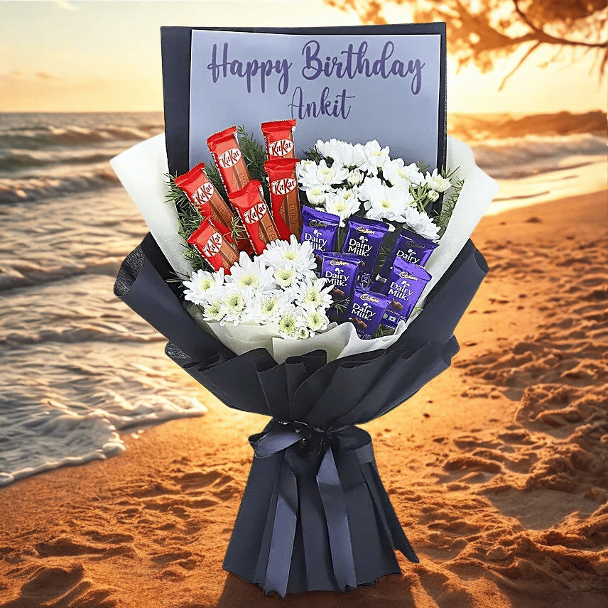 Black Wrapped Birthday Bouquet with KitKat, Dairy Milk & White Chrysanthemums