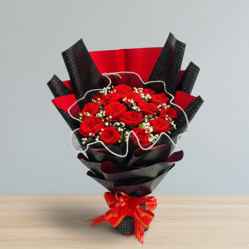 15 Red Roses in Premium Black & Red Wrap