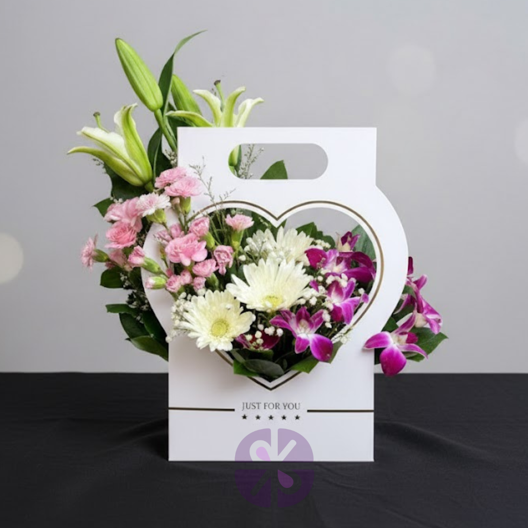 Heartfelt Affection Orchid, Gerbera, Carnation & Lily Flower White Love Shape Bag