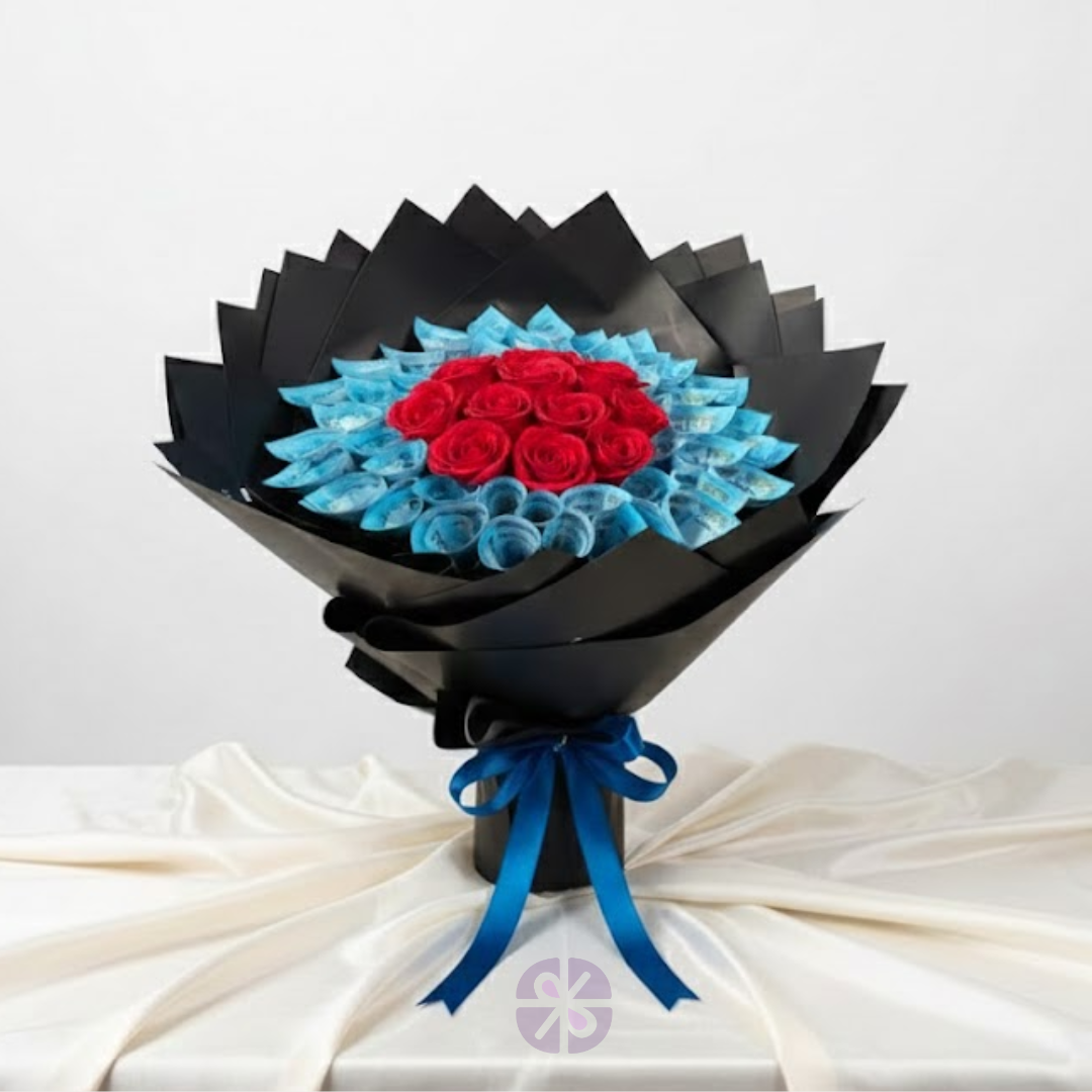 50-Note Money Bouquet 100 Taka & Red Rose in Black Wrap