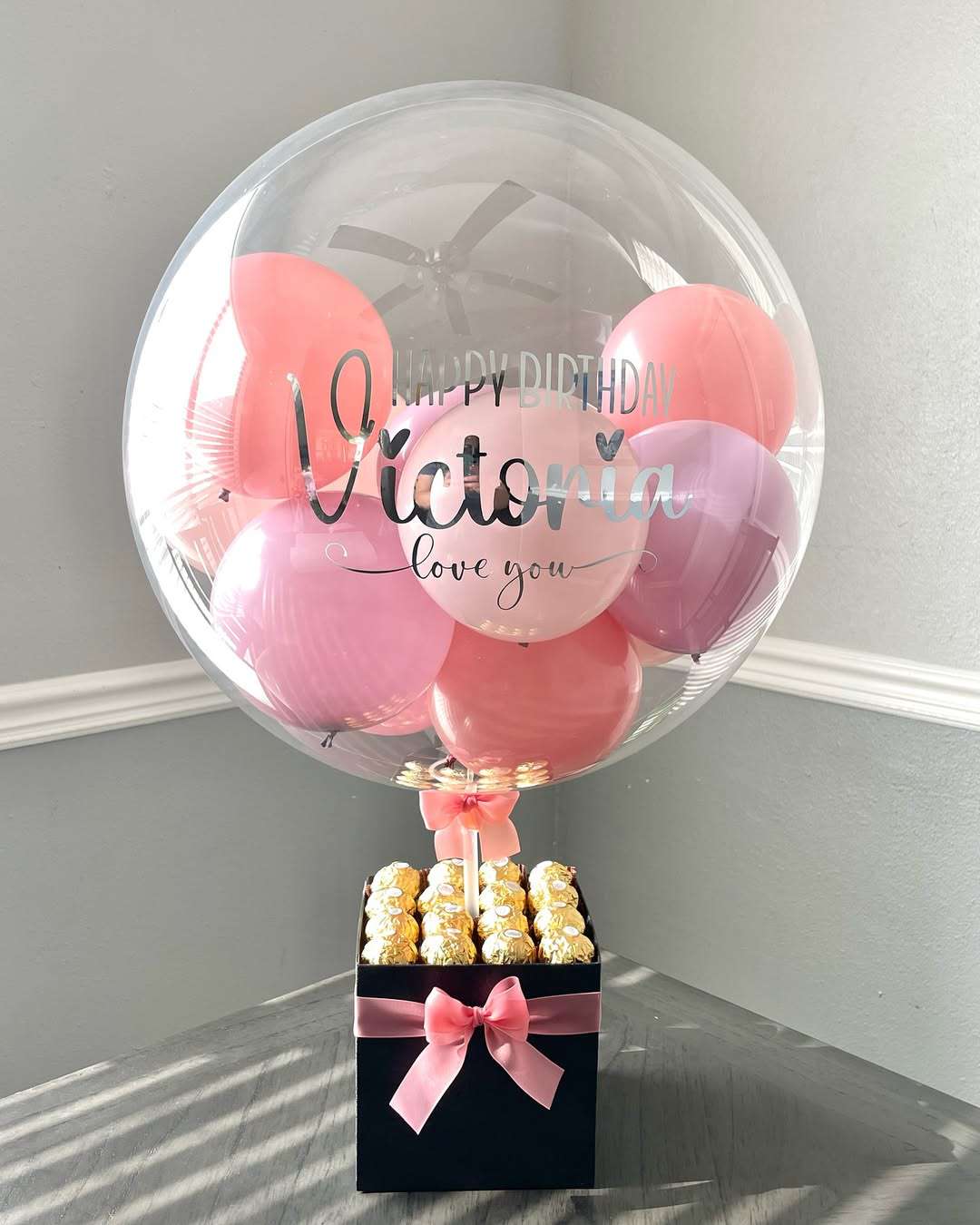 Romantic Pink Balloon Box with Ferrero Chocolates – Custom Birthday Gift for Her