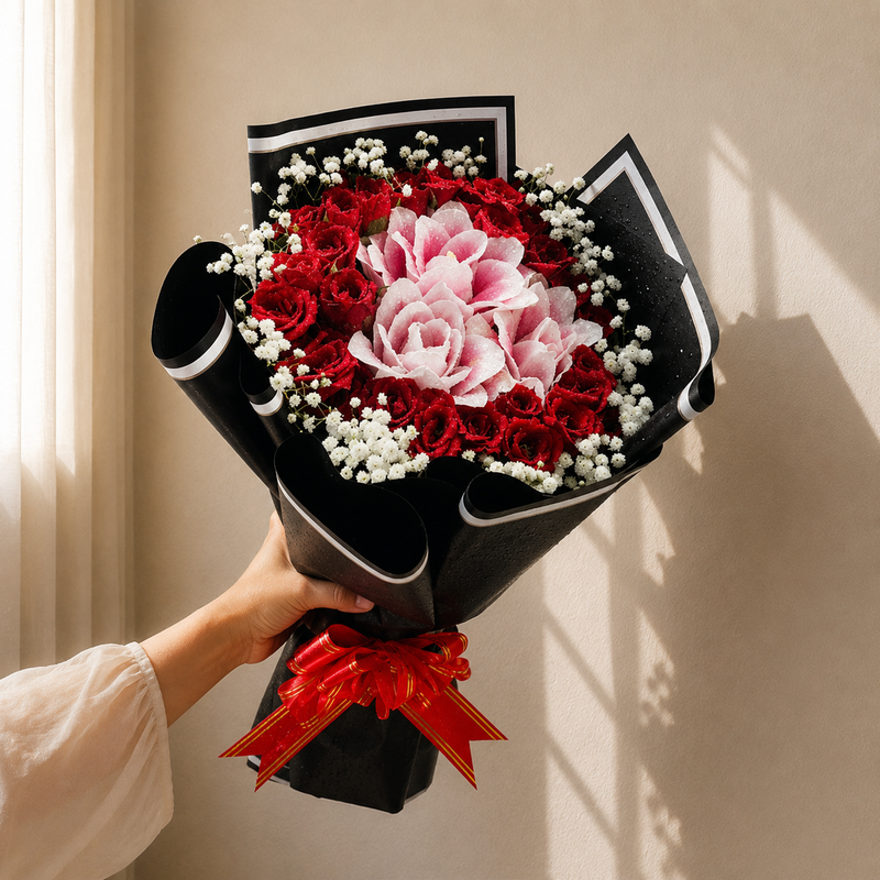 The Passionate Bloom Black Wrap Lily & Red Rose Bouquet
