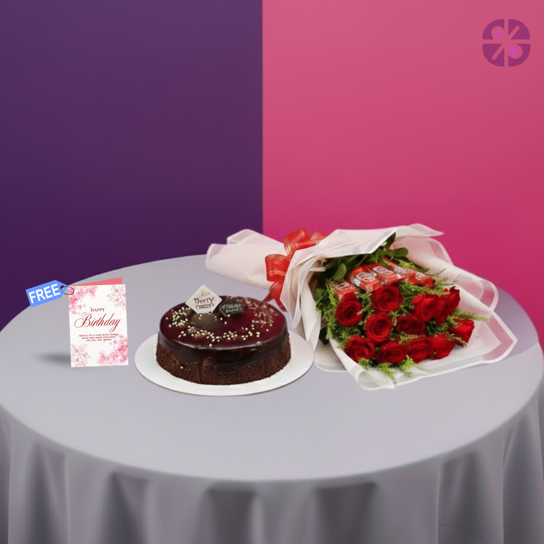 Sweet Love Combo Fresh Rose & Kit Kat Bouquet with Cake