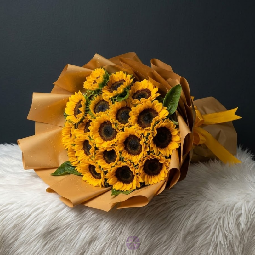 15-Sticks Fresh Sunflower Hand Bouquet in Golden Wrap