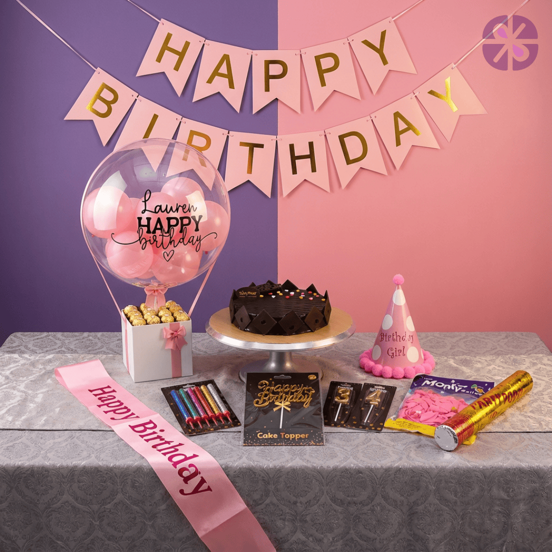 Ultimate Birthday Kit Personalized Pink Balloon Box, Cake & Party Combo