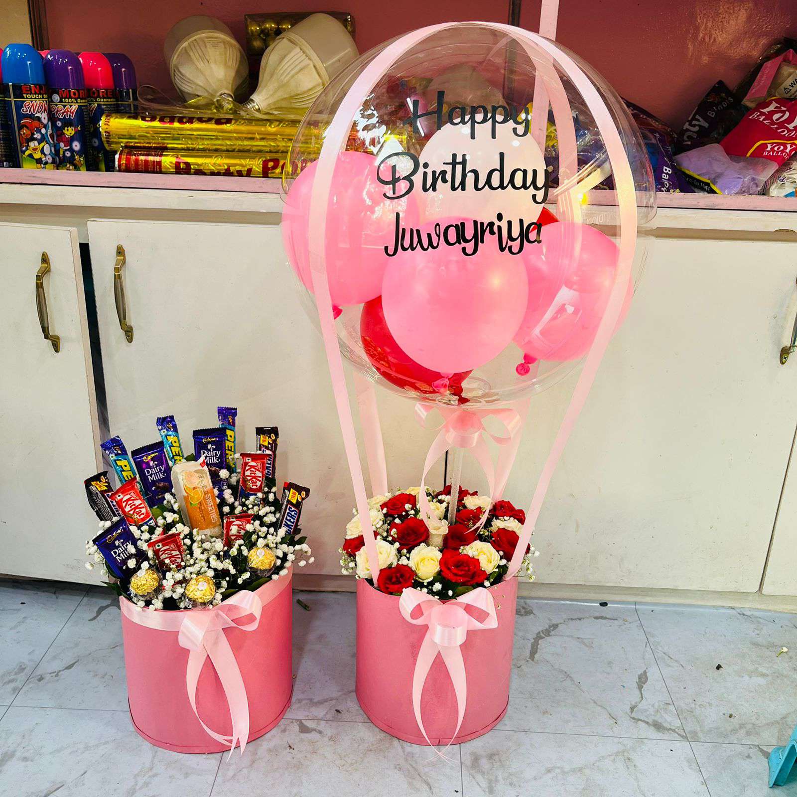 The Celebration Lift Personalized Balloon, Rose & Chocolate Bucket Combo