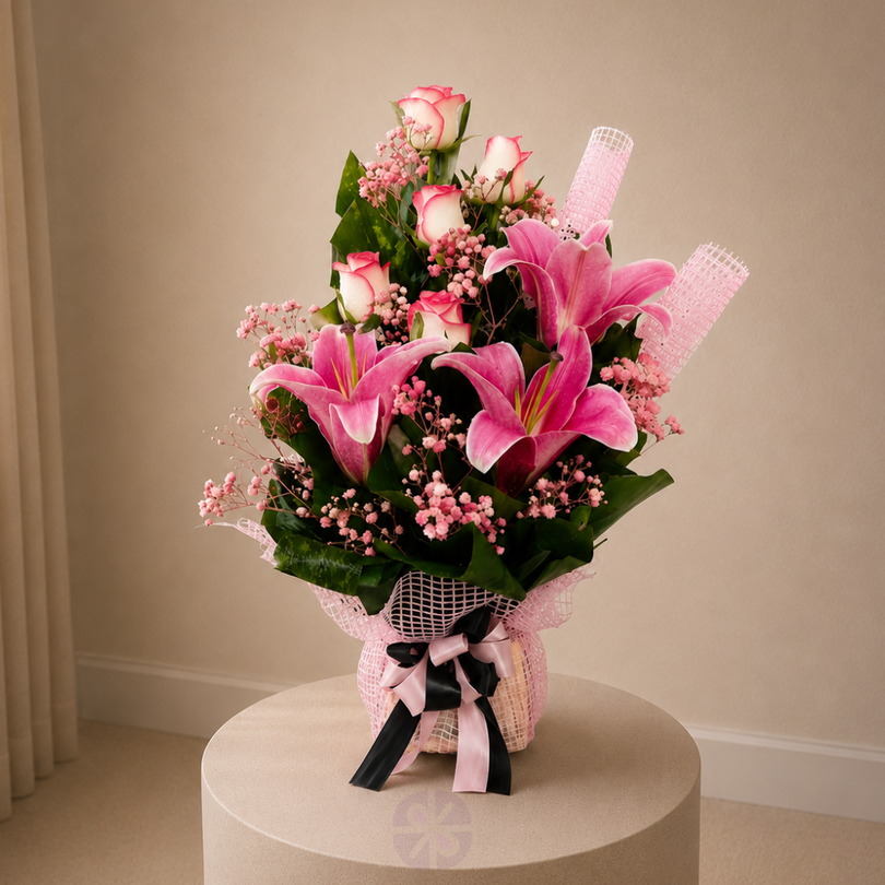 Pink Lily & Pink Shade Rose Bouquet: The Serenity Bloom