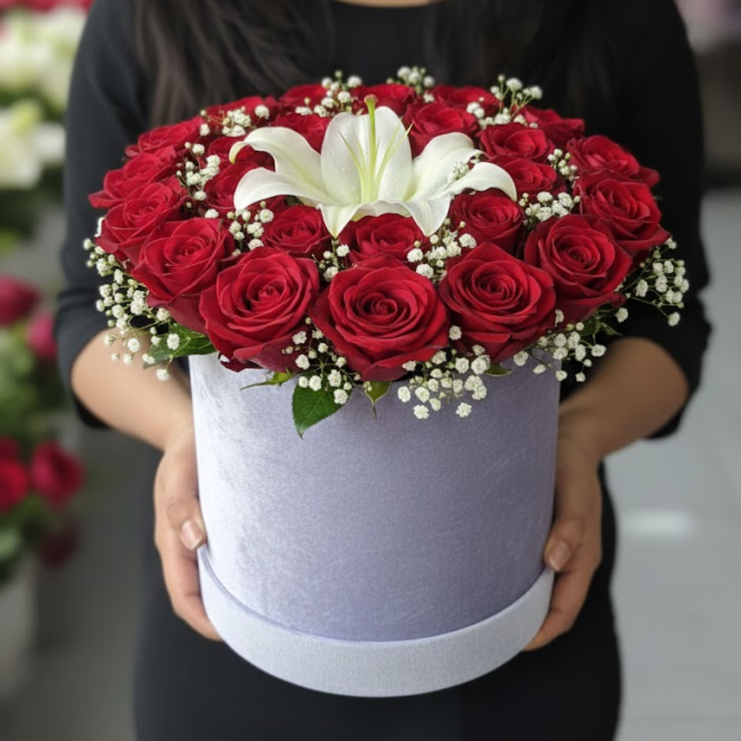 Elegant Red Rose & White Lily Arrangement in Premium Velvet Round Hat Box
