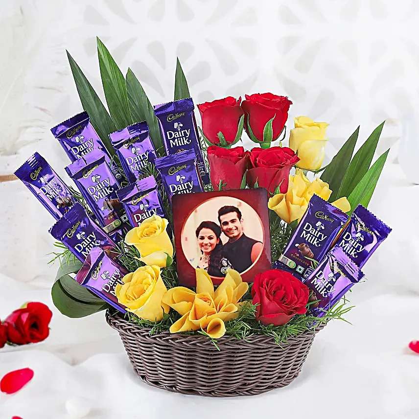 Personalized Chocolate & Rose Basket with Photo – Cadbury Dairy Milk Gift Hamper