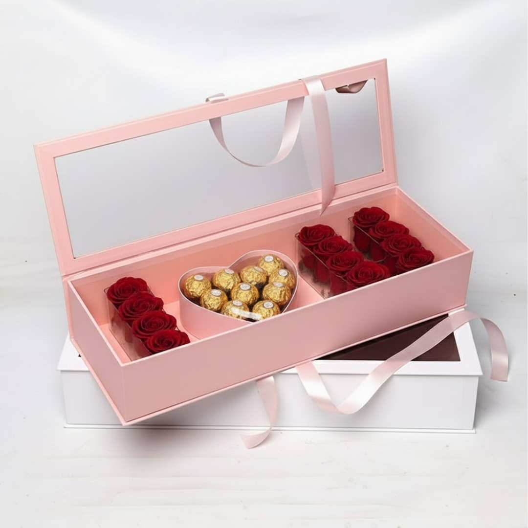 Premium Red Rose and Ferrero Rocher "I Love You" Luxury Window Gift Box