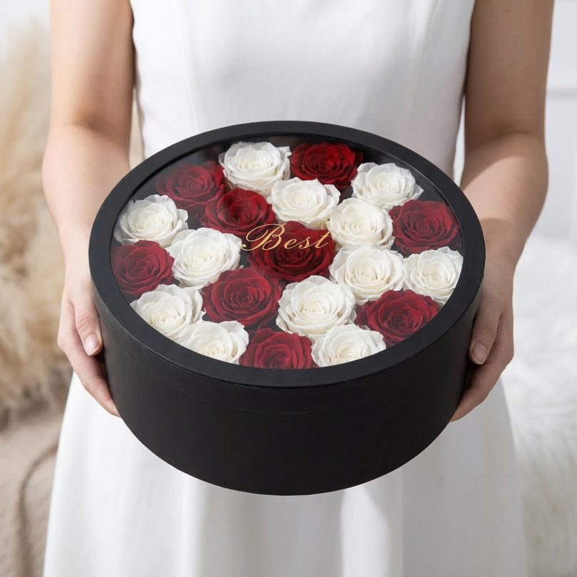 Premium Red and White Rose Arrangement in Black Round Box