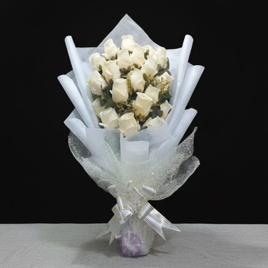 Classic Purity Artificial White Rose Hand Bouquet