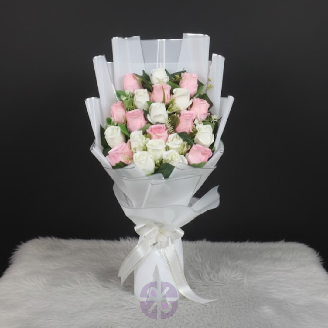 Classic Duet Eternal Pink & White Rose Artificial Stand Bouquet