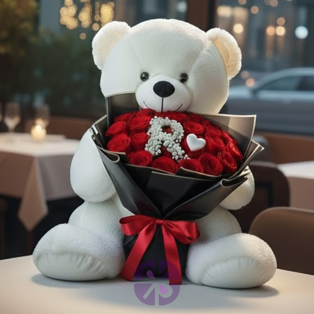 Large White Teddy with Premium Red Rose Bouquet
