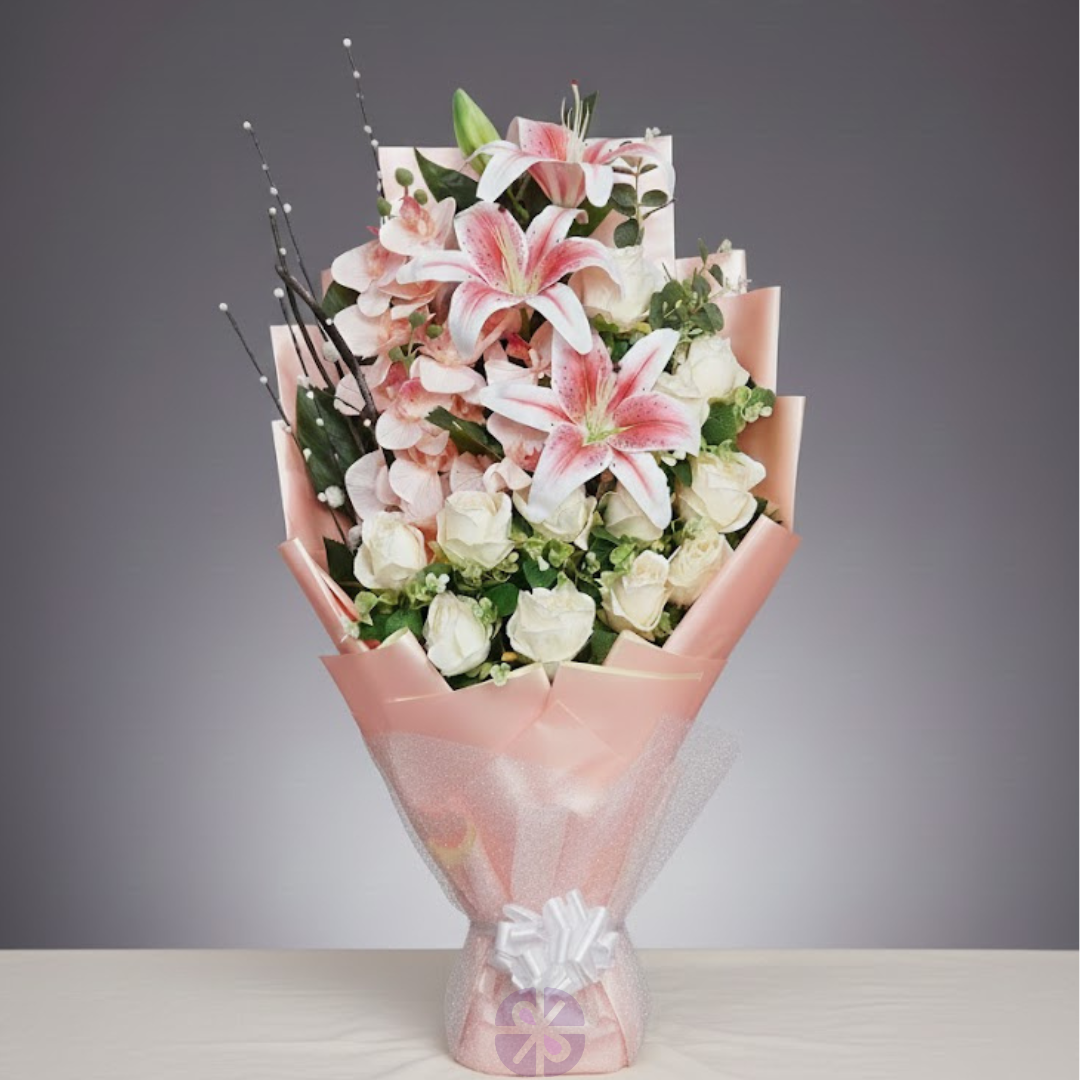 Artificial White Rose, Pink Lily & Orchid Stand Bouquet