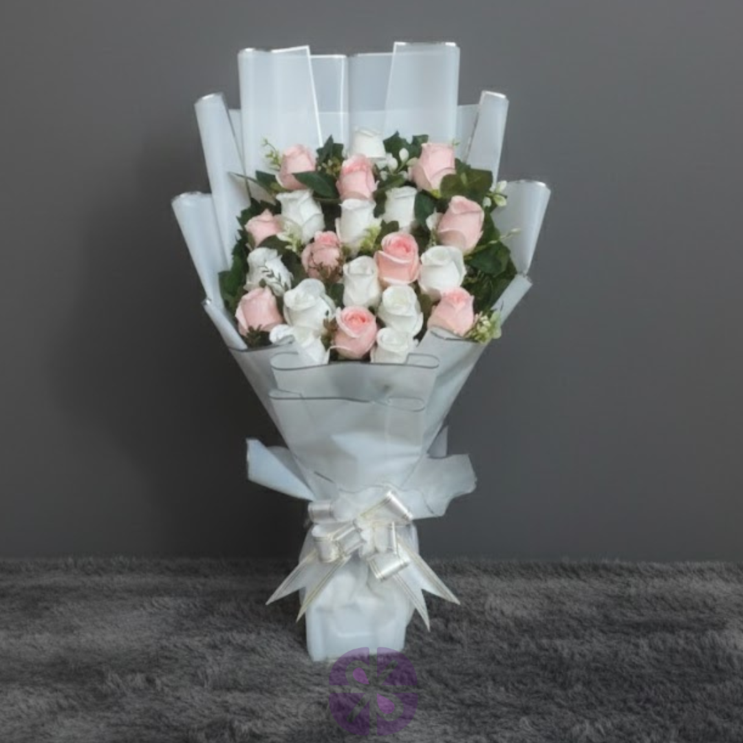 Artificial Pink & White Rose Stand Bouquet