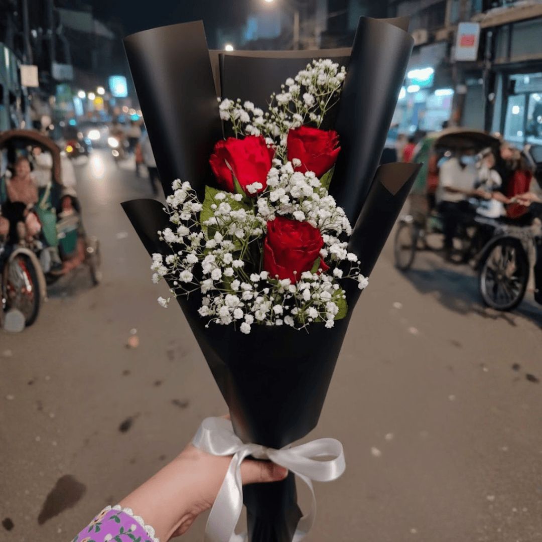 Three Roses of Love Premium Red Rose & Baby's Breath Mini Bouquet