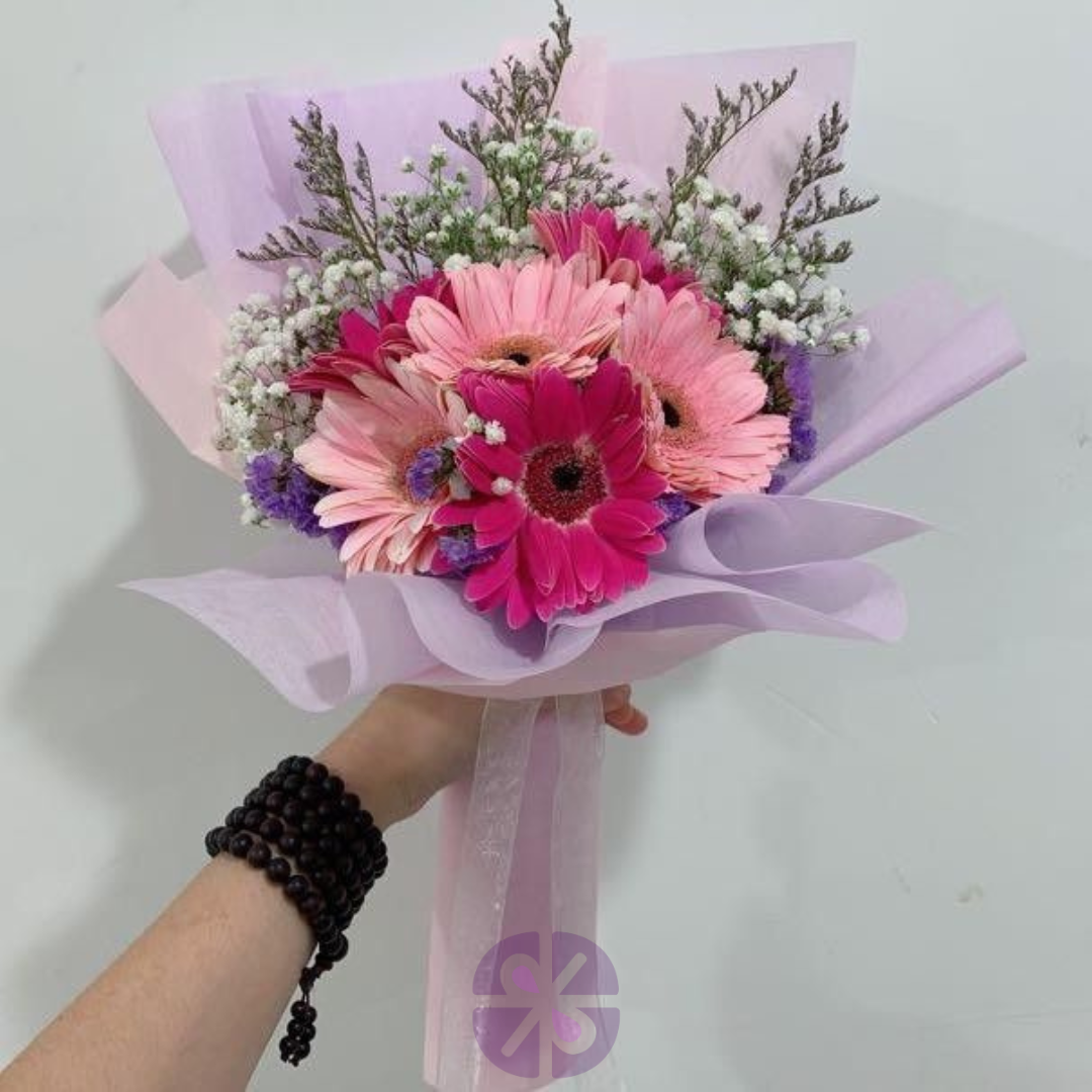 Enchanting Pink Gerbera Bouquet with Limonium & Baby's Breath