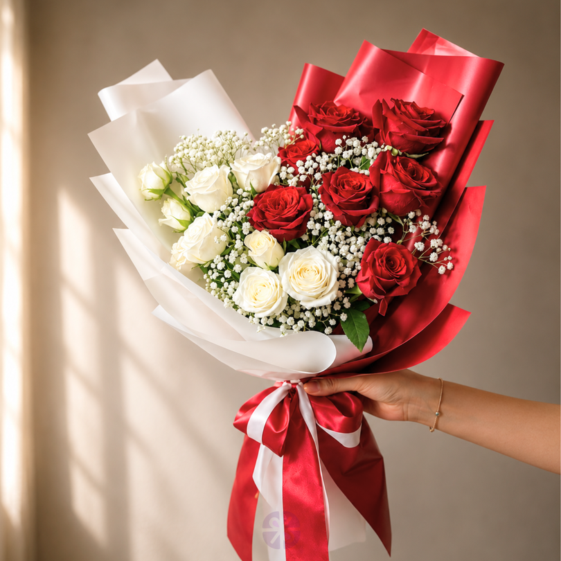 Premium Red and White Rose Fusion Hand Bouquet