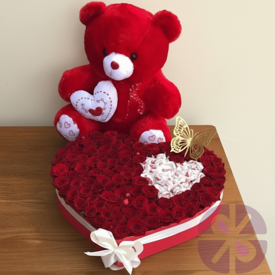 Luxury Love Teddy Bear & Premium 100 Red Roses Heart Box