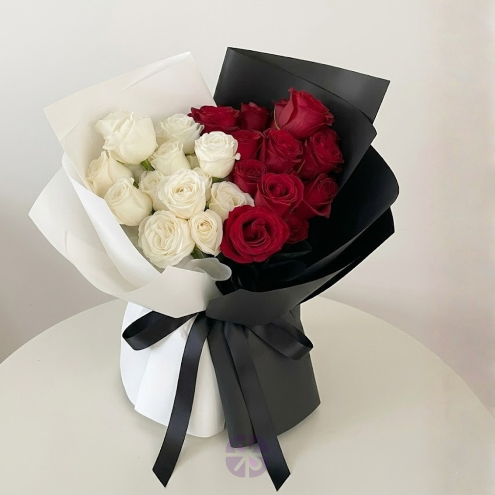24 Chinese Rose Stand Bouquet Red & White Symmetry in Monochrome Wrap