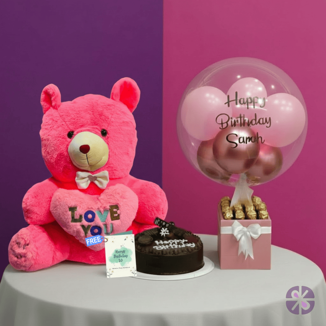 Birthday Joy Teddy Bear, Cake & Balloon Bouquet Combo Set