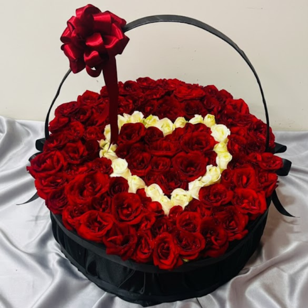100 Premium Red Rose Heart Shape Black Basket Arrangement