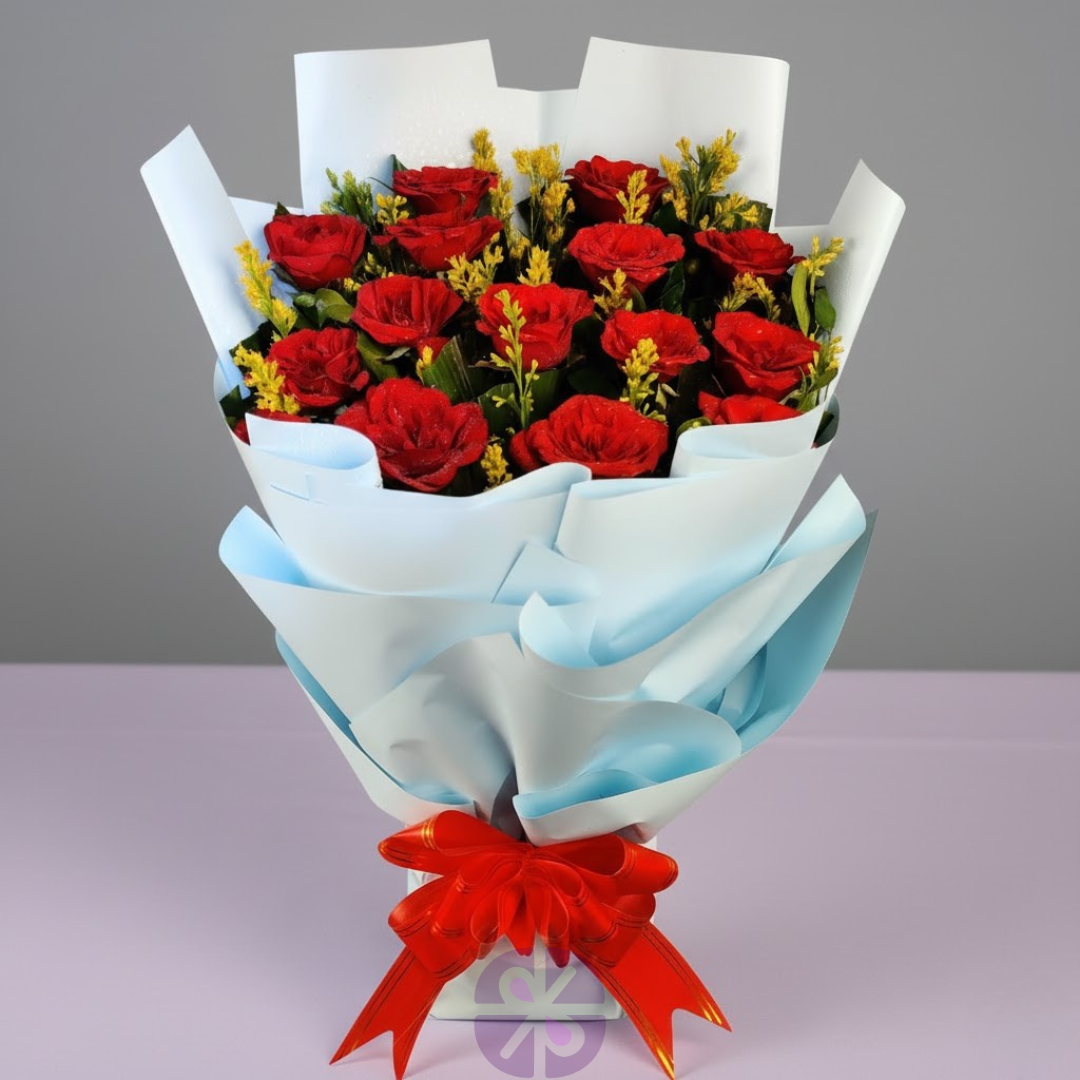 Majestic Red Roses & Golden Accents Stand Bouquet (Sky Blue Wrap)