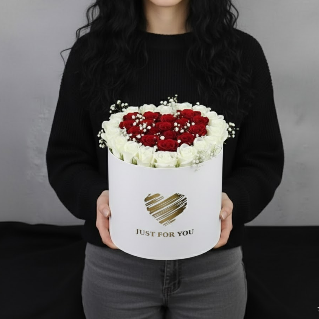 Elegent Red & White Rose Heart Arrangement in "Just For You" Round Box