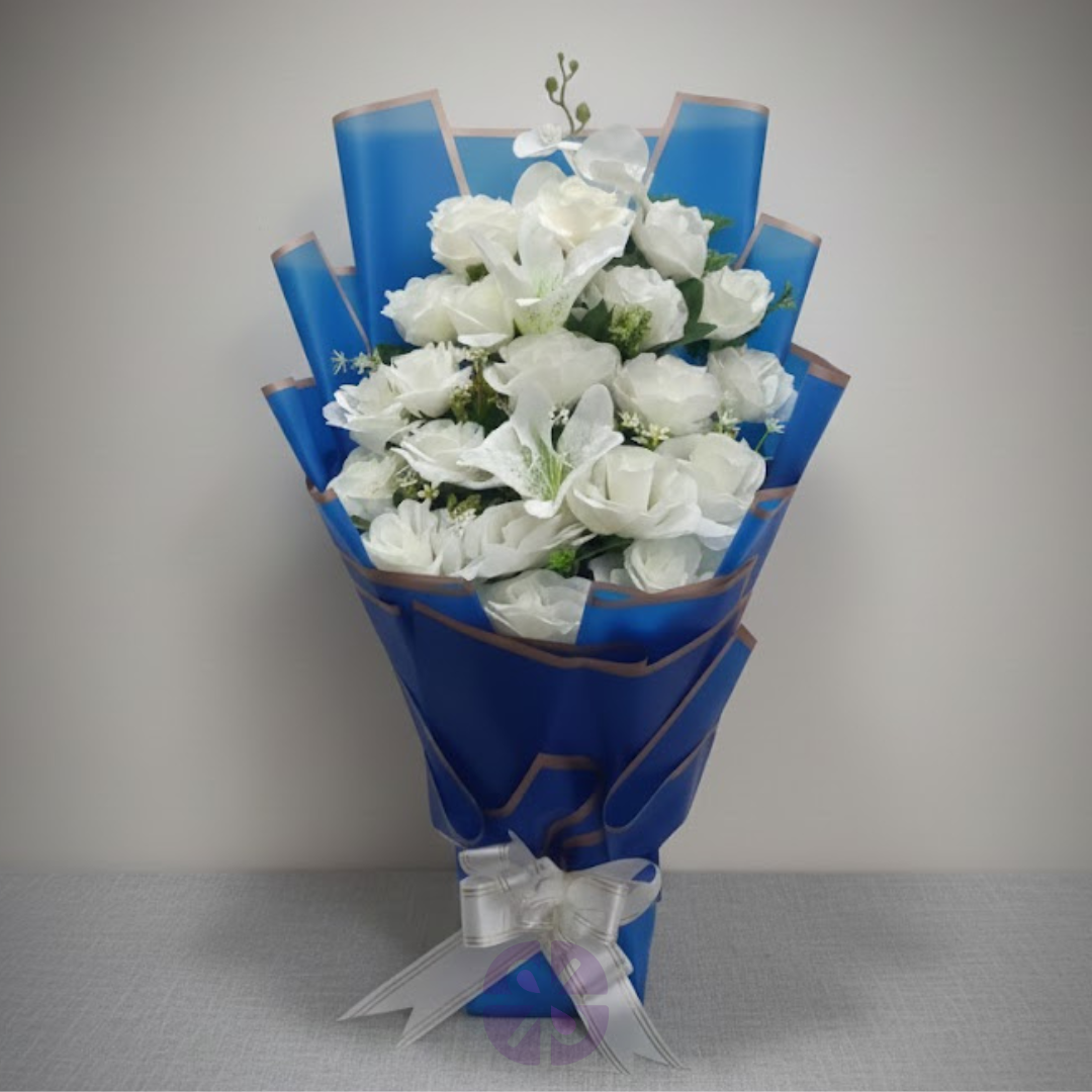 Artificial White Rose & Lily Bouquet in Royal Blue Wrap