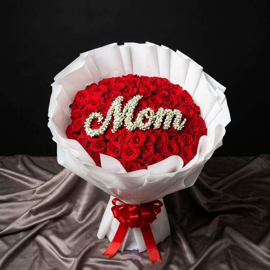 Luxury 100 Red Rose Personalized "Mom" Stand Bouquet