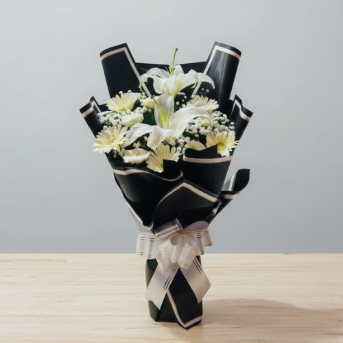 Elegant Serenity: White Lily & Gerbera Black Bouquet