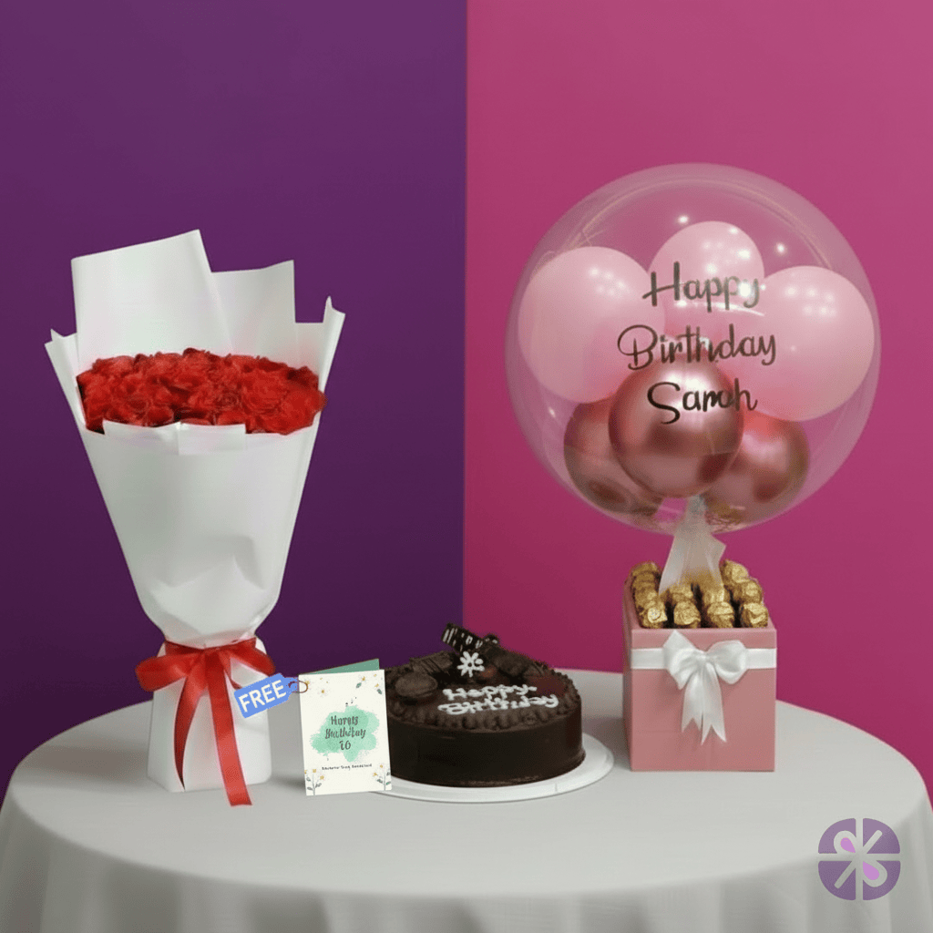 Grand Birthday Trio- Fresh Rose Bouquet, Cake & Balloon Box Combo Set